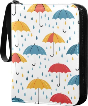 Colorful Umbrellas and Rain Drops Card Binder 4 Pocket Trading Card Binder Portable Cards Collection Book with Zipper