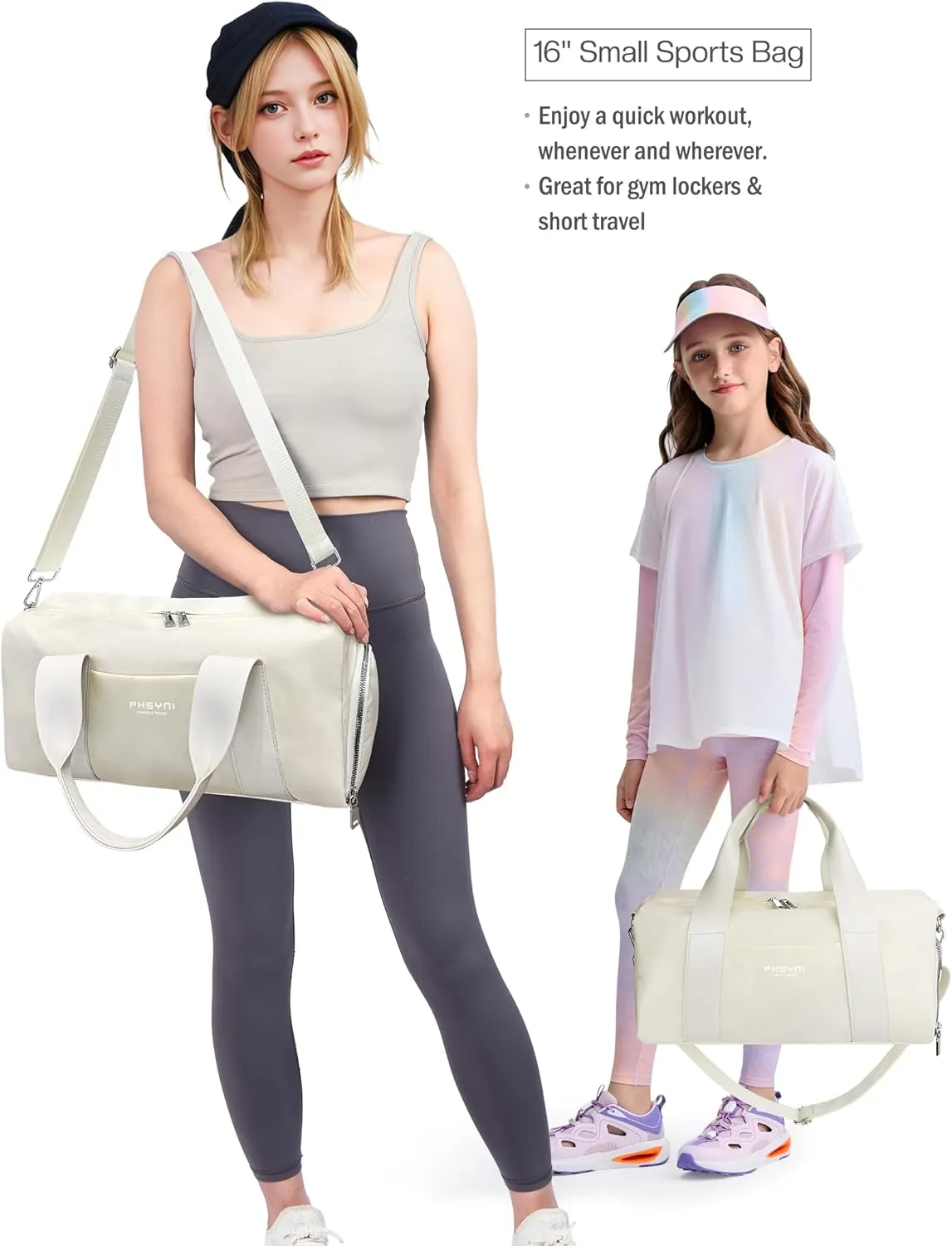 Compact Sports Gym Bag for Women, Cute Mini Duffle Bag with Wet Pocket & Shoes Compartment, Personal Item Travel Workout Bag, 16"-Small, Beige