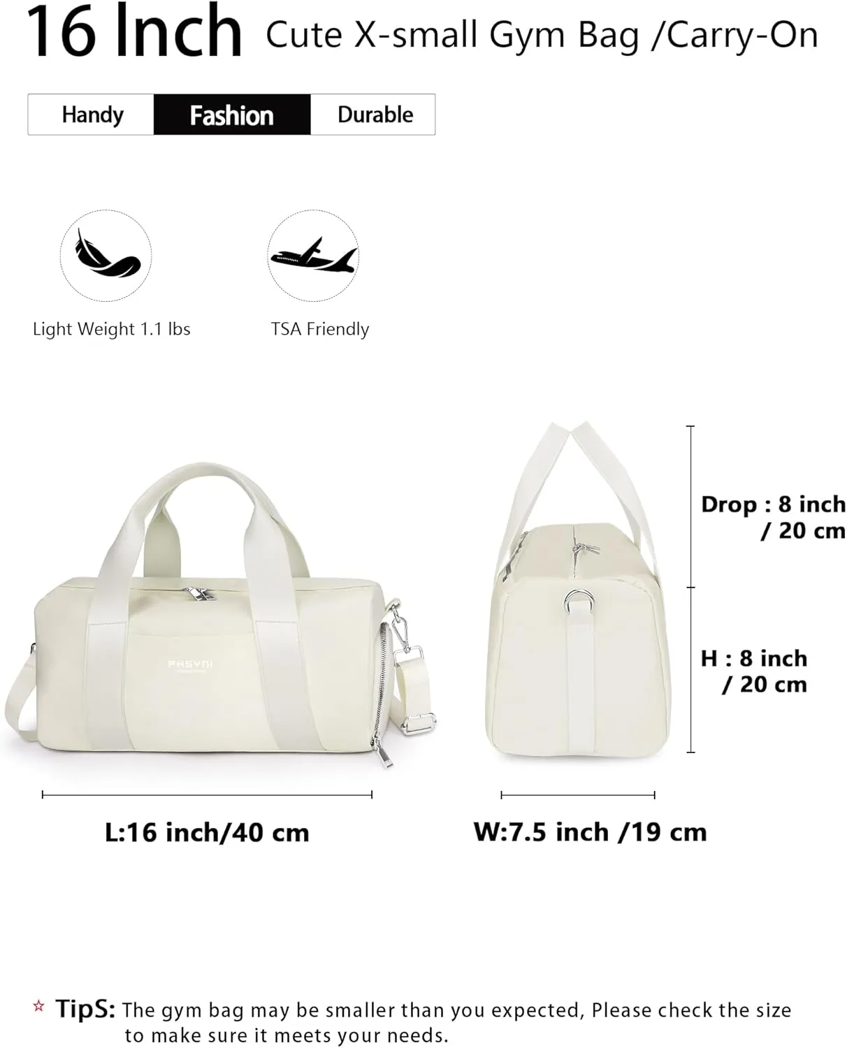 Compact Sports Gym Bag for Women, Cute Mini Duffle Bag with Wet Pocket & Shoes Compartment, Personal Item Travel Workout Bag, 16"-Small, Beige