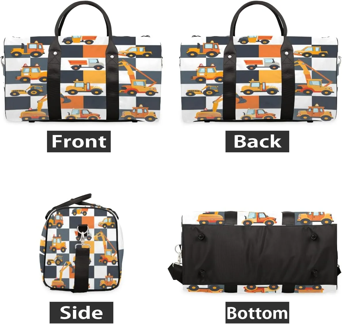 Construction Truck Travel Duffle Bag, Sports Gym Bags for Women Men, Carry On Weekender Overnight Bag, Cartoon Excavator Vehicle Tractor Cars Workout Hospital Airplane Trips Bag