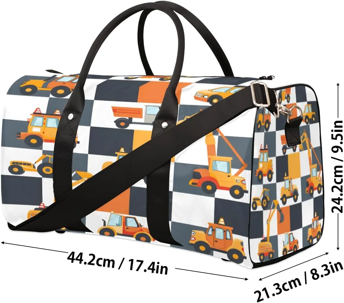Construction Truck Travel Duffle Bag, Sports Gym Bags for Women Men, Carry On Weekender Overnight Bag, Cartoon Excavator Vehicle Tractor Cars Workout Hospital Airplane Trips Bag