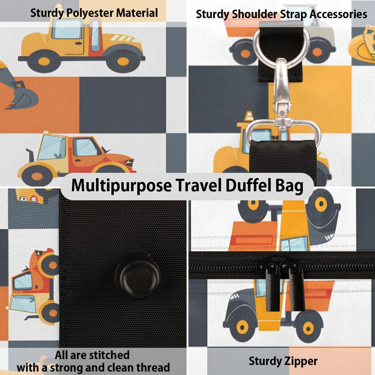 Construction Truck Travel Duffle Bag, Sports Gym Bags for Women Men, Carry On Weekender Overnight Bag, Cartoon Excavator Vehicle Tractor Cars Workout Hospital Airplane Trips Bag