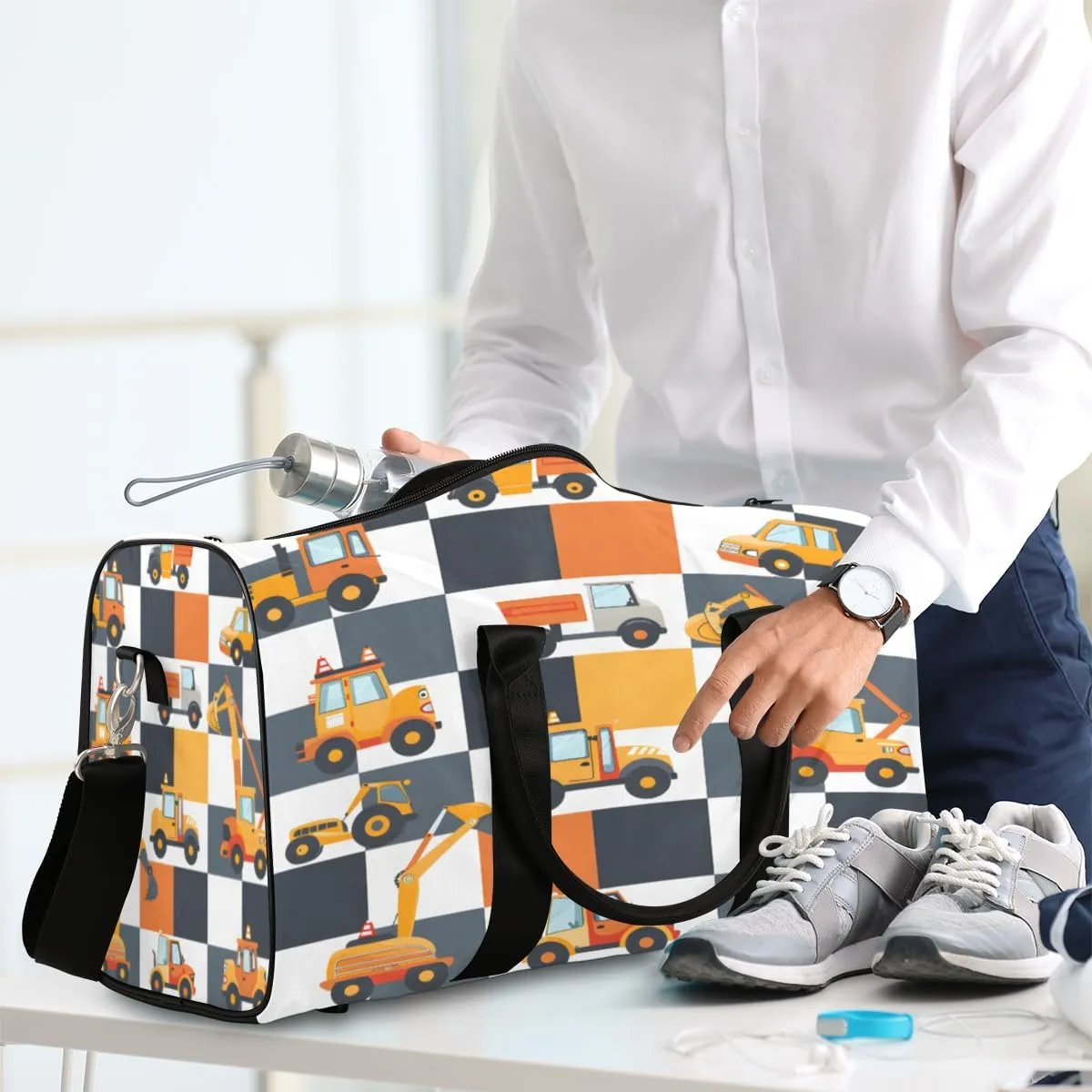 Construction Truck Travel Duffle Bag, Sports Gym Bags for Women Men, Carry On Weekender Overnight Bag, Cartoon Excavator Vehicle Tractor Cars Workout Hospital Airplane Trips Bag