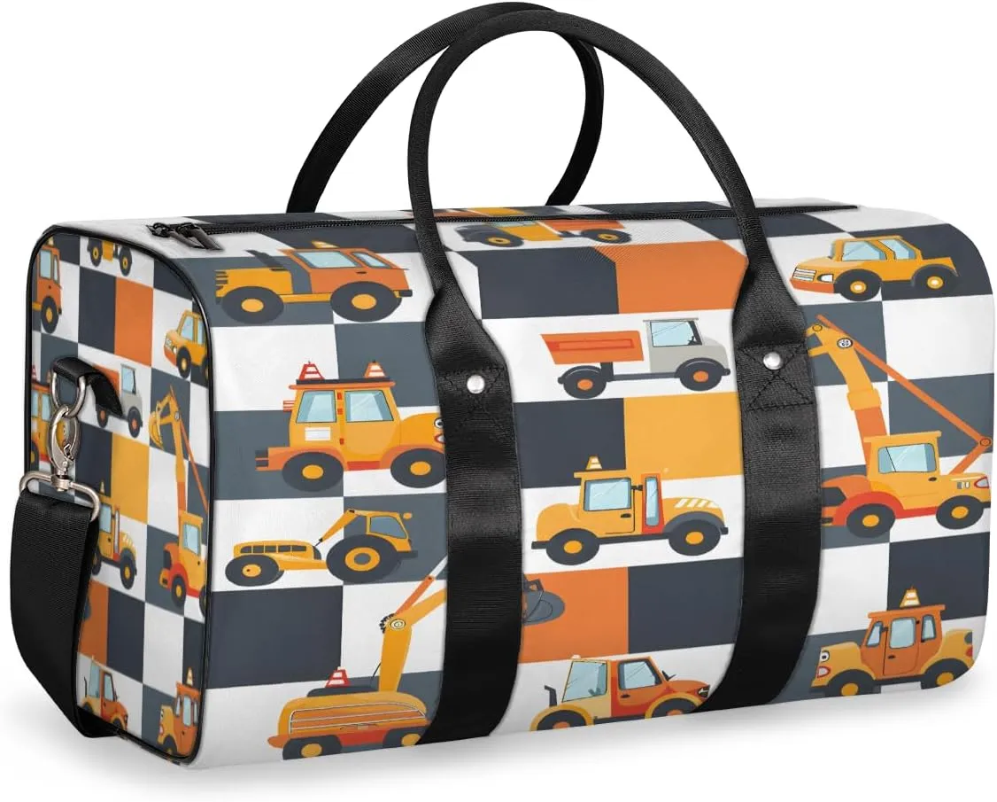 Construction Truck Travel Duffle Bag, Sports Gym Bags for Women Men, Carry On Weekender Overnight Bag, Cartoon Excavator Vehicle Tractor Cars Workout Hospital Airplane Trips Bag