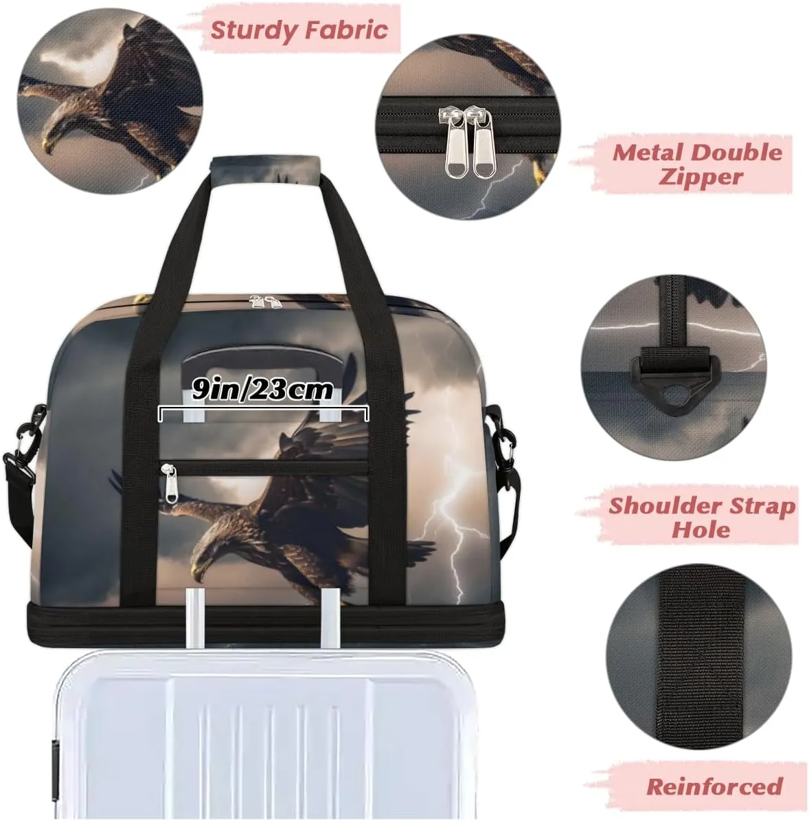 Cool Eagles Foldable Duffle Bag with Shoes Compartment Large Capacity Waterproof Travel Weekender Bag Overnight Bag for Sports Gym