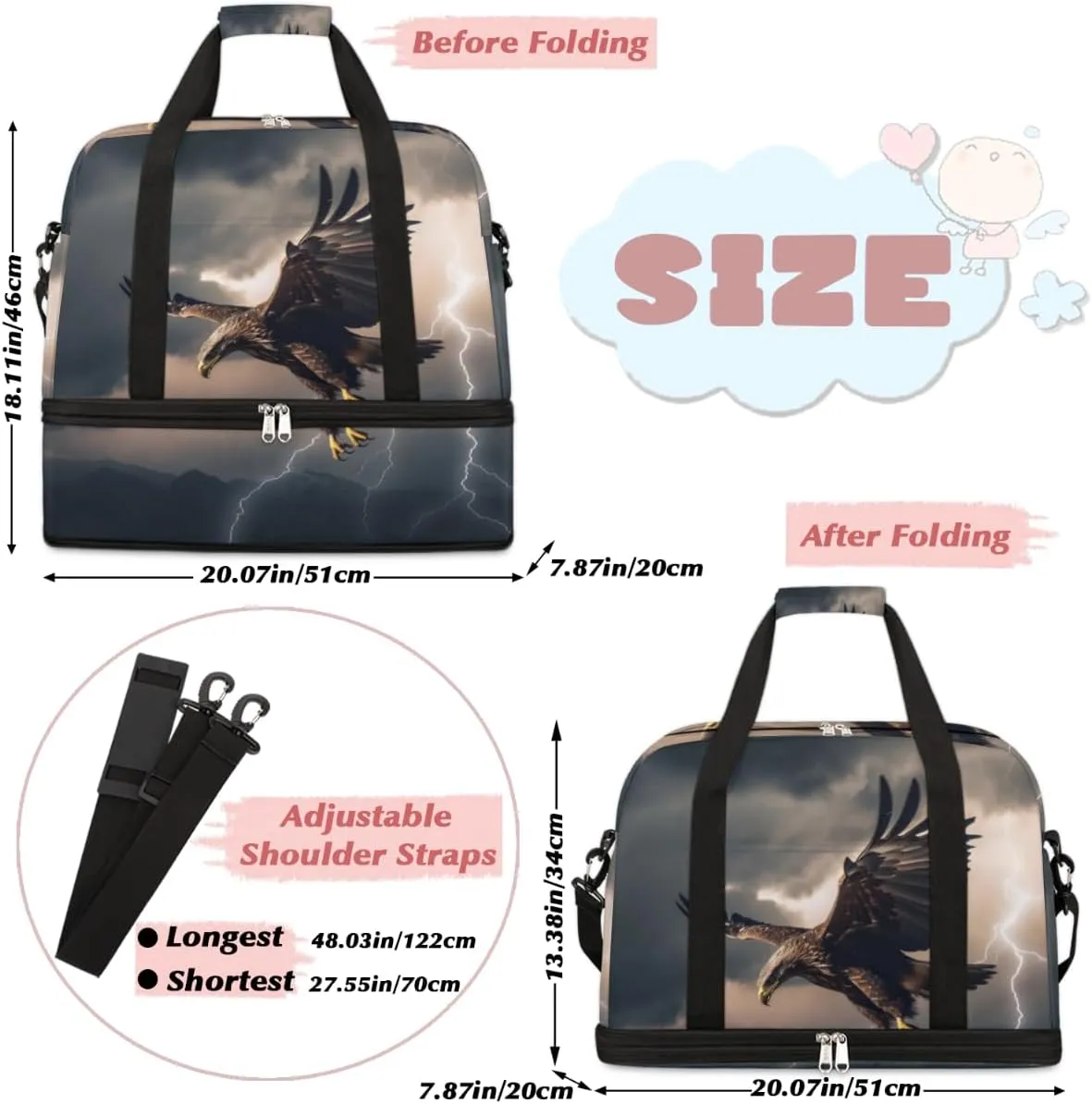 Cool Eagles Foldable Duffle Bag with Shoes Compartment Large Capacity Waterproof Travel Weekender Bag Overnight Bag for Sports Gym