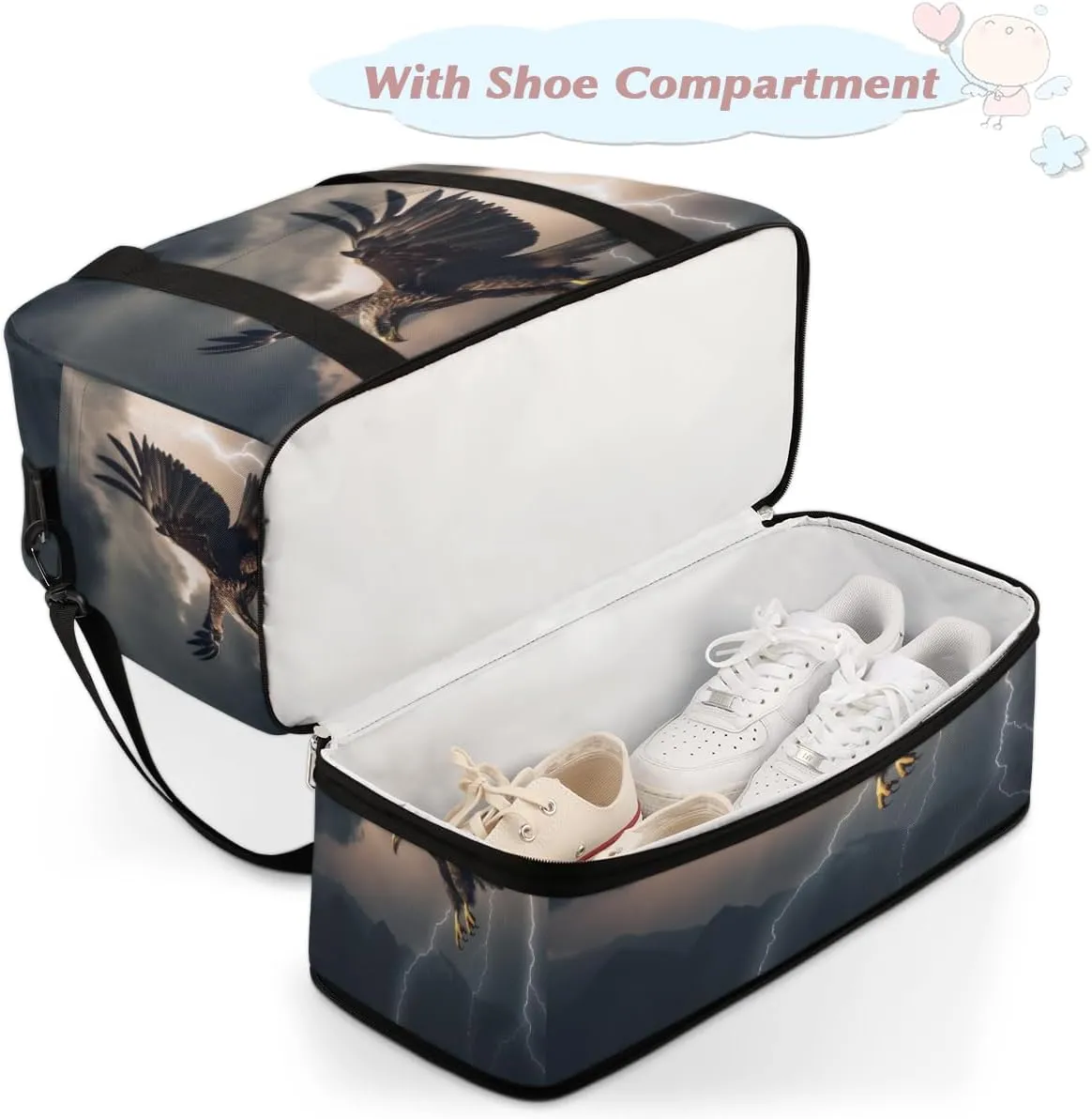 Cool Eagles Foldable Duffle Bag with Shoes Compartment Large Capacity Waterproof Travel Weekender Bag Overnight Bag for Sports Gym