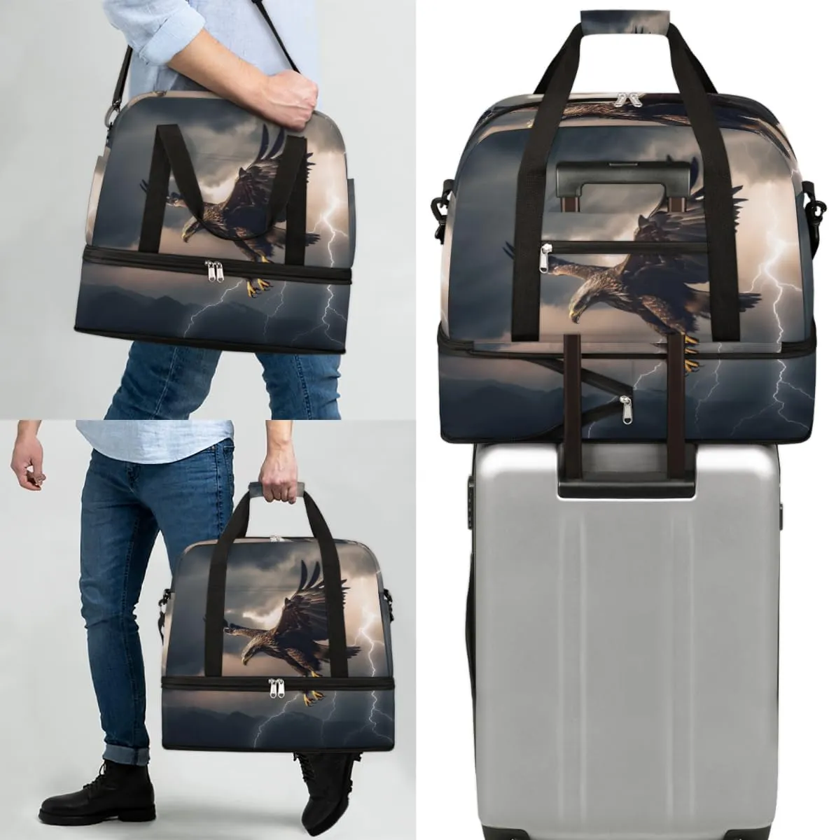 Cool Eagles Foldable Duffle Bag with Shoes Compartment Large Capacity Waterproof Travel Weekender Bag Overnight Bag for Sports Gym