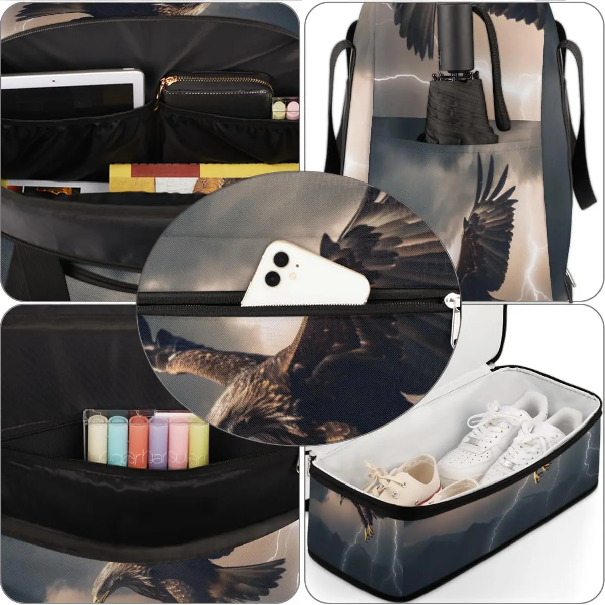 Cool Eagles Foldable Duffle Bag with Shoes Compartment Large Capacity Waterproof Travel Weekender Bag Overnight Bag for Sports Gym