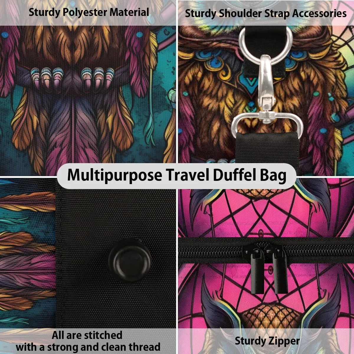 Cool Owl Pattern Travel Duffel Bag for Women Men Waterproof Foldable Overnight Weekender Bag Large Capacity Sports Gym Bag