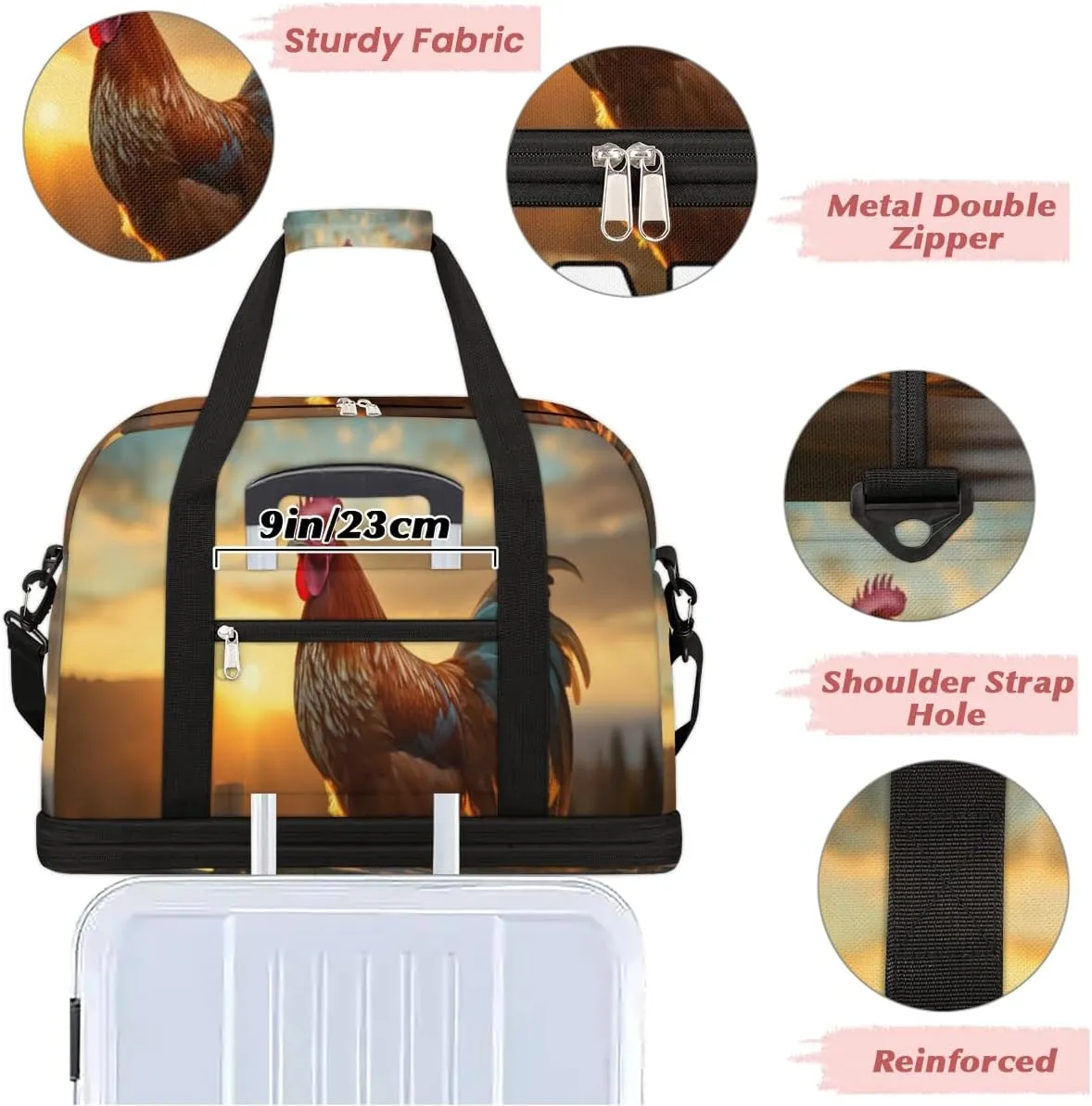 Cool Rooster Print Custom Foldable Duffle Bag with Shoes Compartment Personalized Large Capacity Waterproof Travel Weekender Bag Overnight Bag for Sports Gym