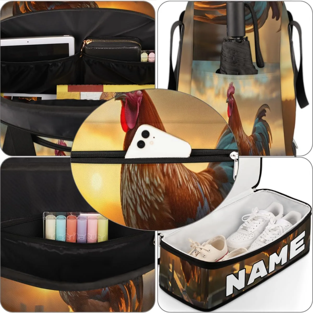 Cool Rooster Print Custom Foldable Duffle Bag with Shoes Compartment Personalized Large Capacity Waterproof Travel Weekender Bag Overnight Bag for Sports Gym