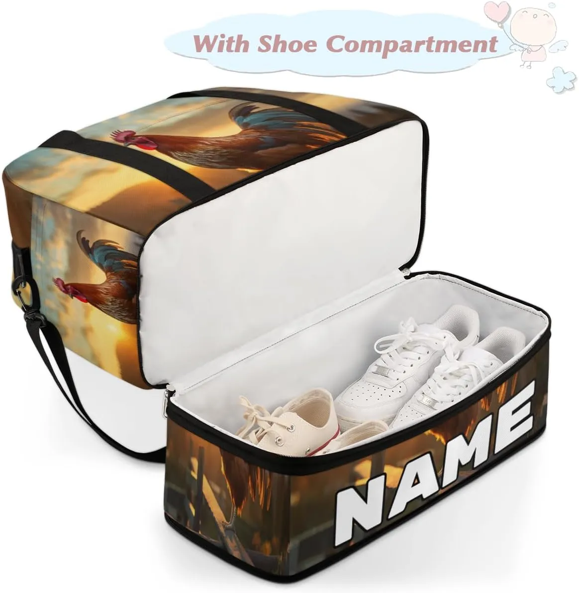 Cool Rooster Print Custom Foldable Duffle Bag with Shoes Compartment Personalized Large Capacity Waterproof Travel Weekender Bag Overnight Bag for Sports Gym