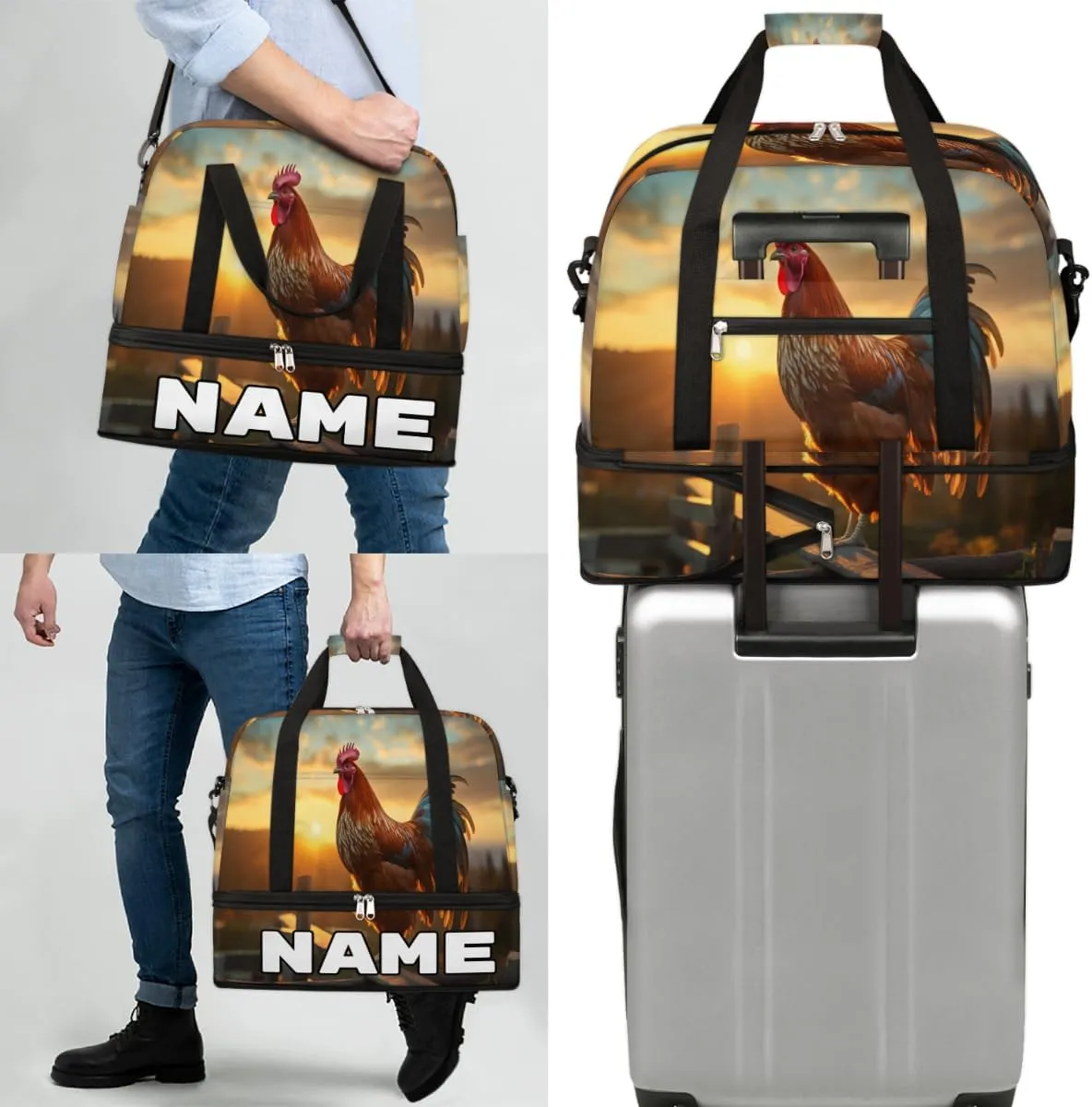 Cool Rooster Print Custom Foldable Duffle Bag with Shoes Compartment Personalized Large Capacity Waterproof Travel Weekender Bag Overnight Bag for Sports Gym