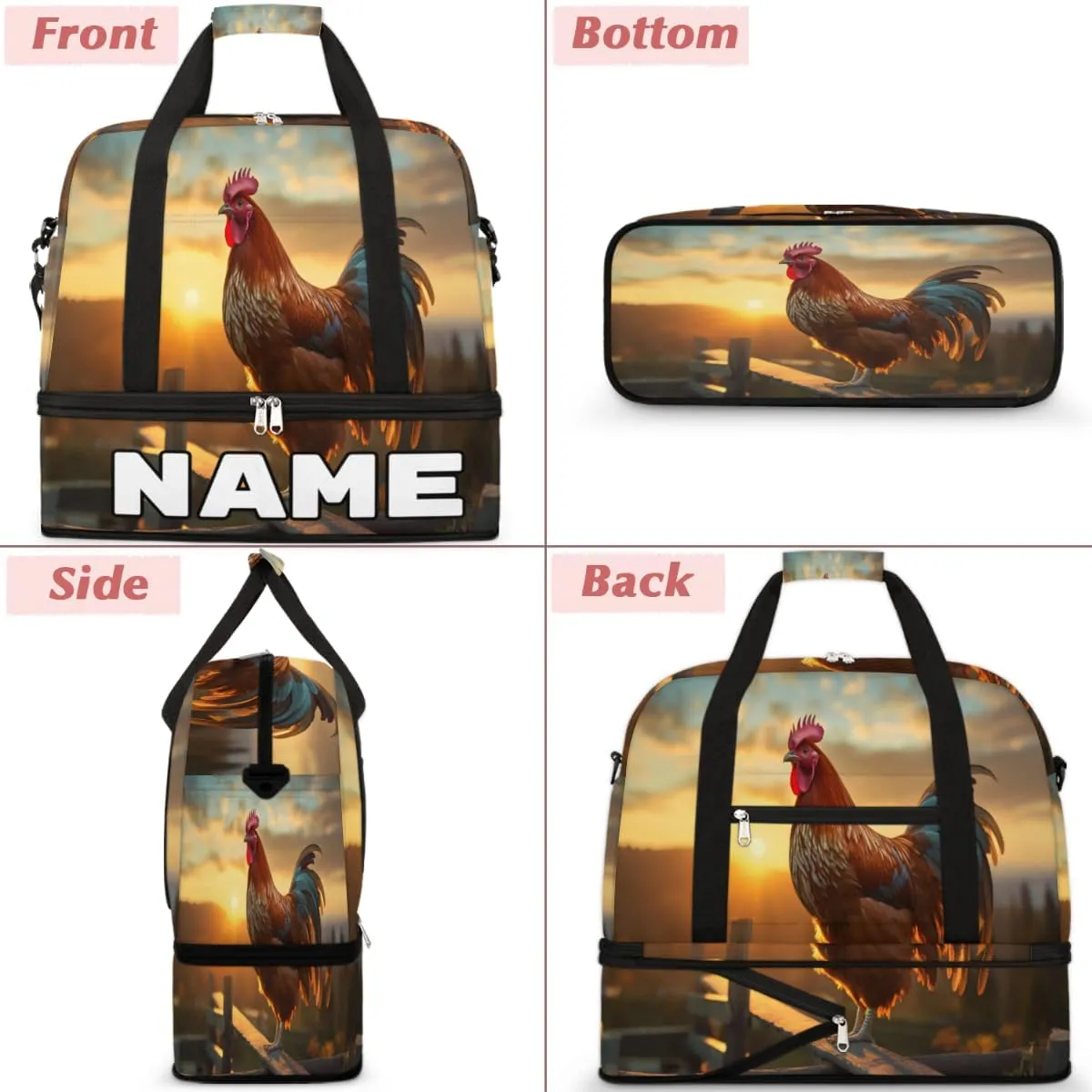 Cool Rooster Print Custom Foldable Duffle Bag with Shoes Compartment Personalized Large Capacity Waterproof Travel Weekender Bag Overnight Bag for Sports Gym