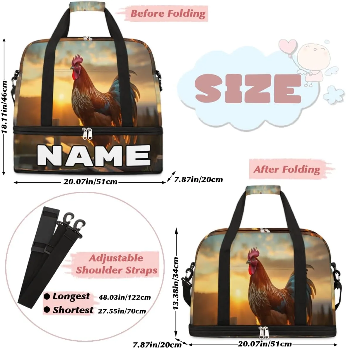 Cool Rooster Print Custom Foldable Duffle Bag with Shoes Compartment Personalized Large Capacity Waterproof Travel Weekender Bag Overnight Bag for Sports Gym