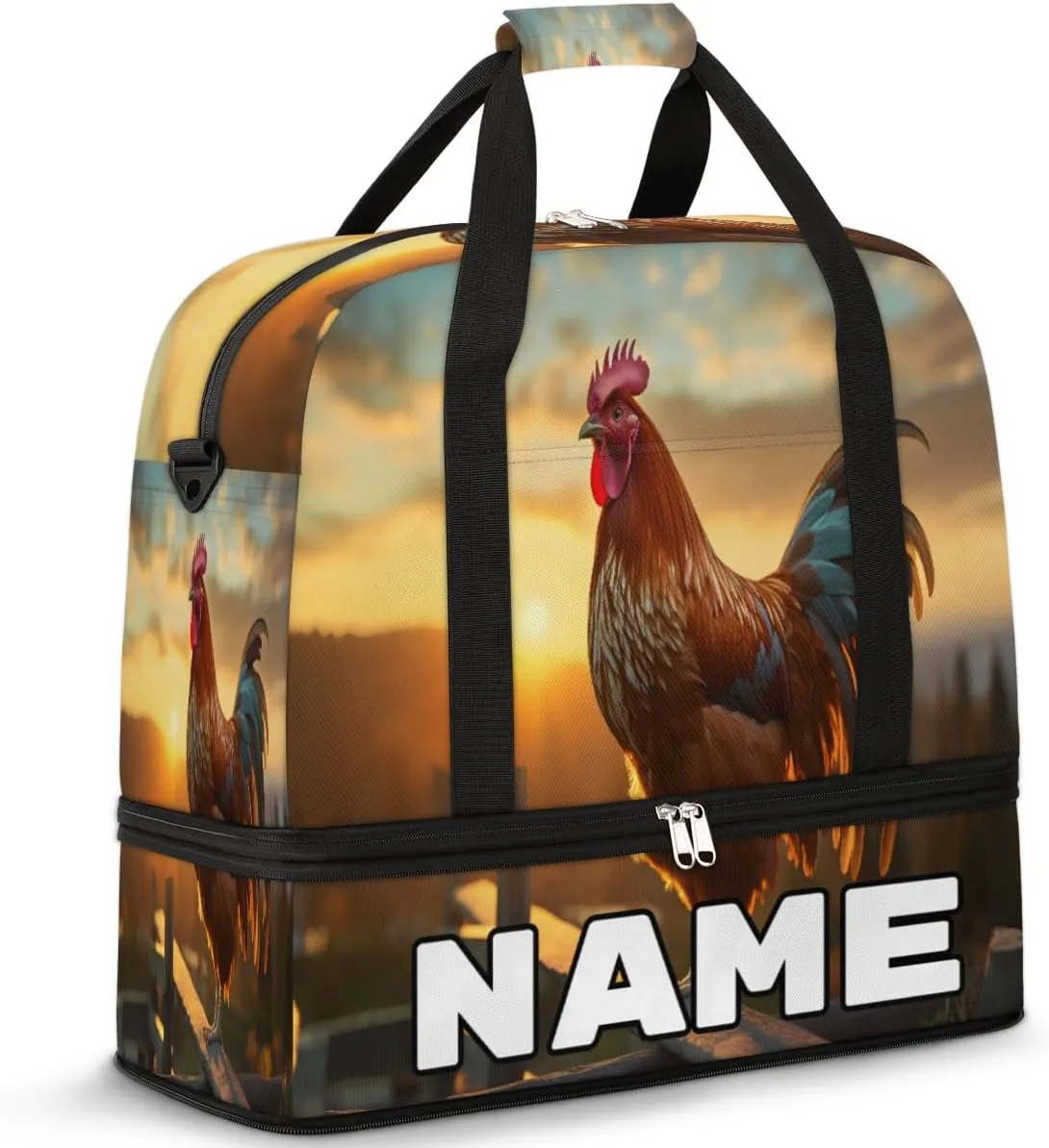 Cool Rooster Print Custom Foldable Duffle Bag with Shoes Compartment Personalized Large Capacity Waterproof Travel Weekender Bag Overnight Bag for Sports Gym