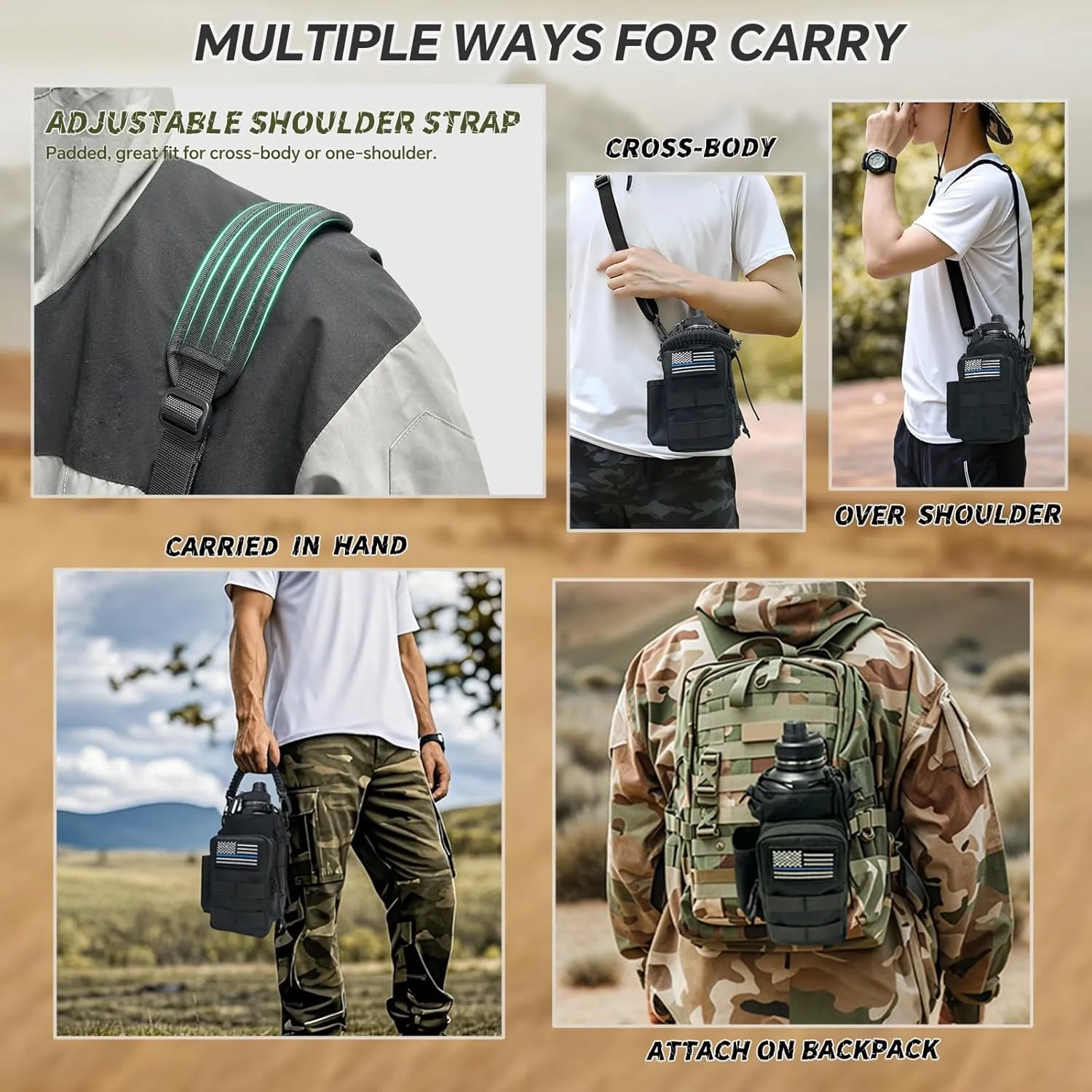 COOLYARD Water Bottle Holder with Strap 64 oz Water Bottle Sleeve Carrier Sling Bag Molle Strap Tactical Pouch for Hiking Camping Gym