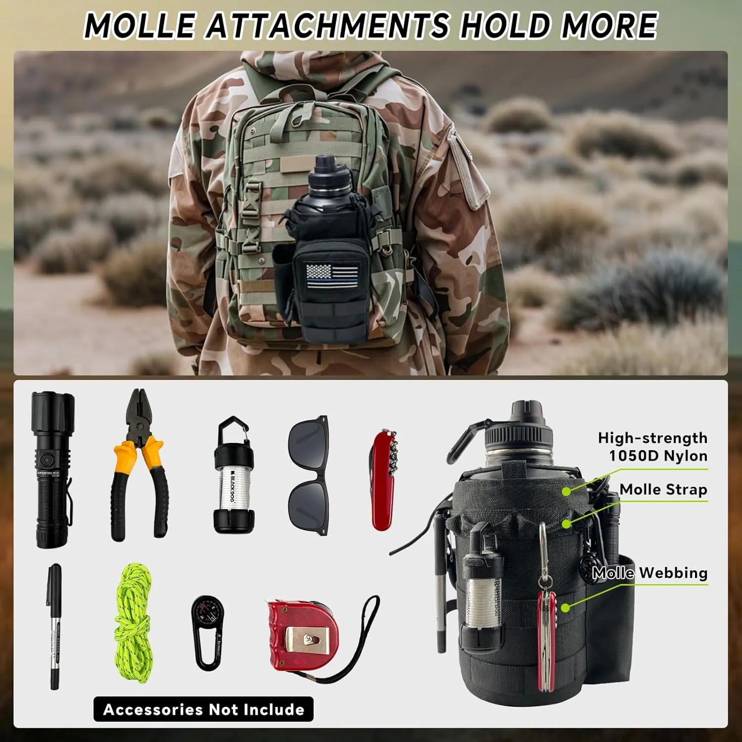 COOLYARD Water Bottle Holder with Strap 64 oz Water Bottle Sleeve Carrier Sling Bag Molle Strap Tactical Pouch for Hiking Camping Gym