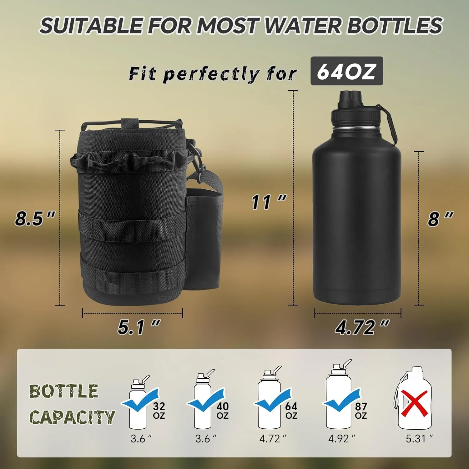 COOLYARD Water Bottle Holder with Strap 64 oz Water Bottle Sleeve Carrier Sling Bag Molle Strap Tactical Pouch for Hiking Camping Gym
