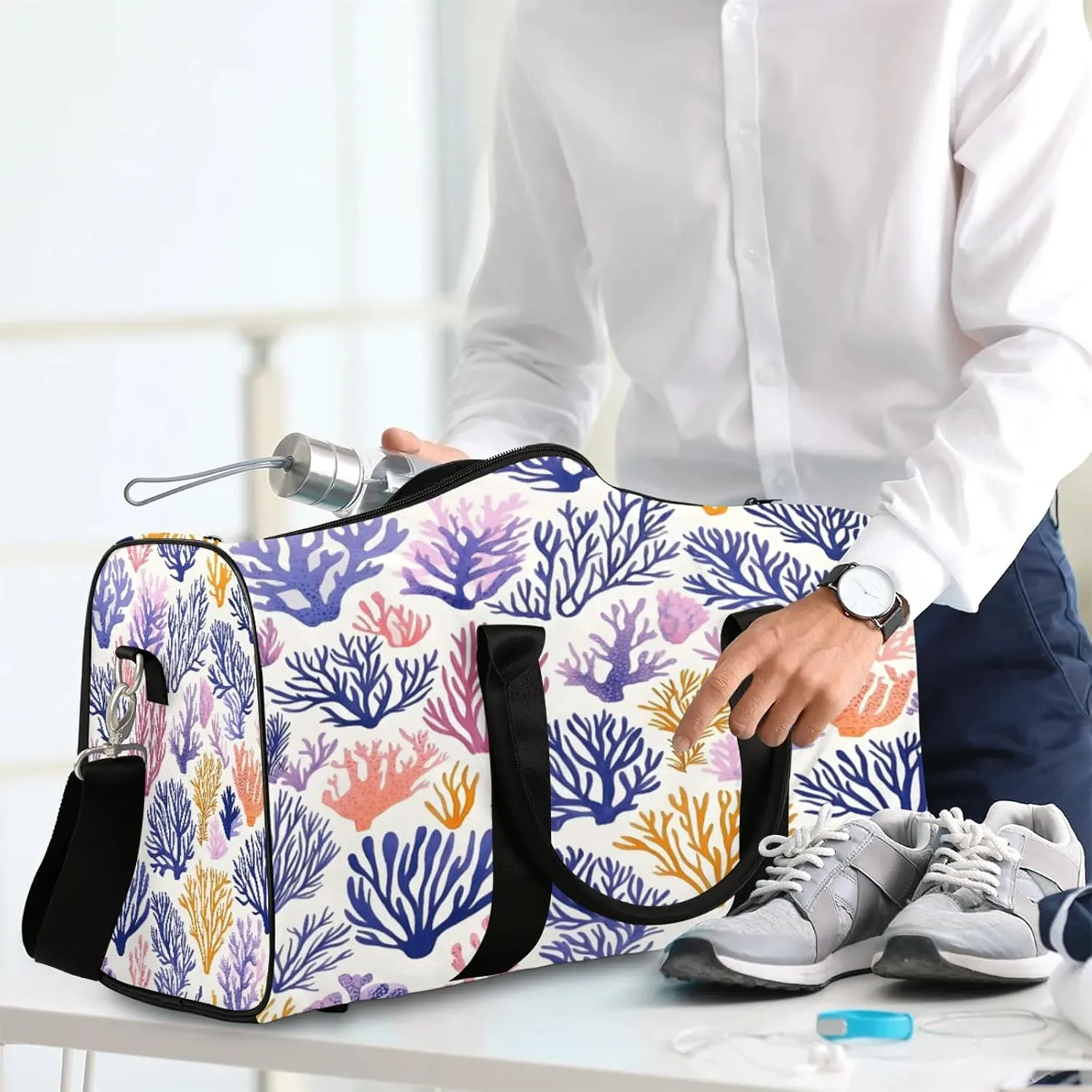 Coral Beach Duffle Bag for Travel, Overnight Weekend Gym Carry On Luggage Bag, Ocean Coastal Travel Duffel Bag for Men Women