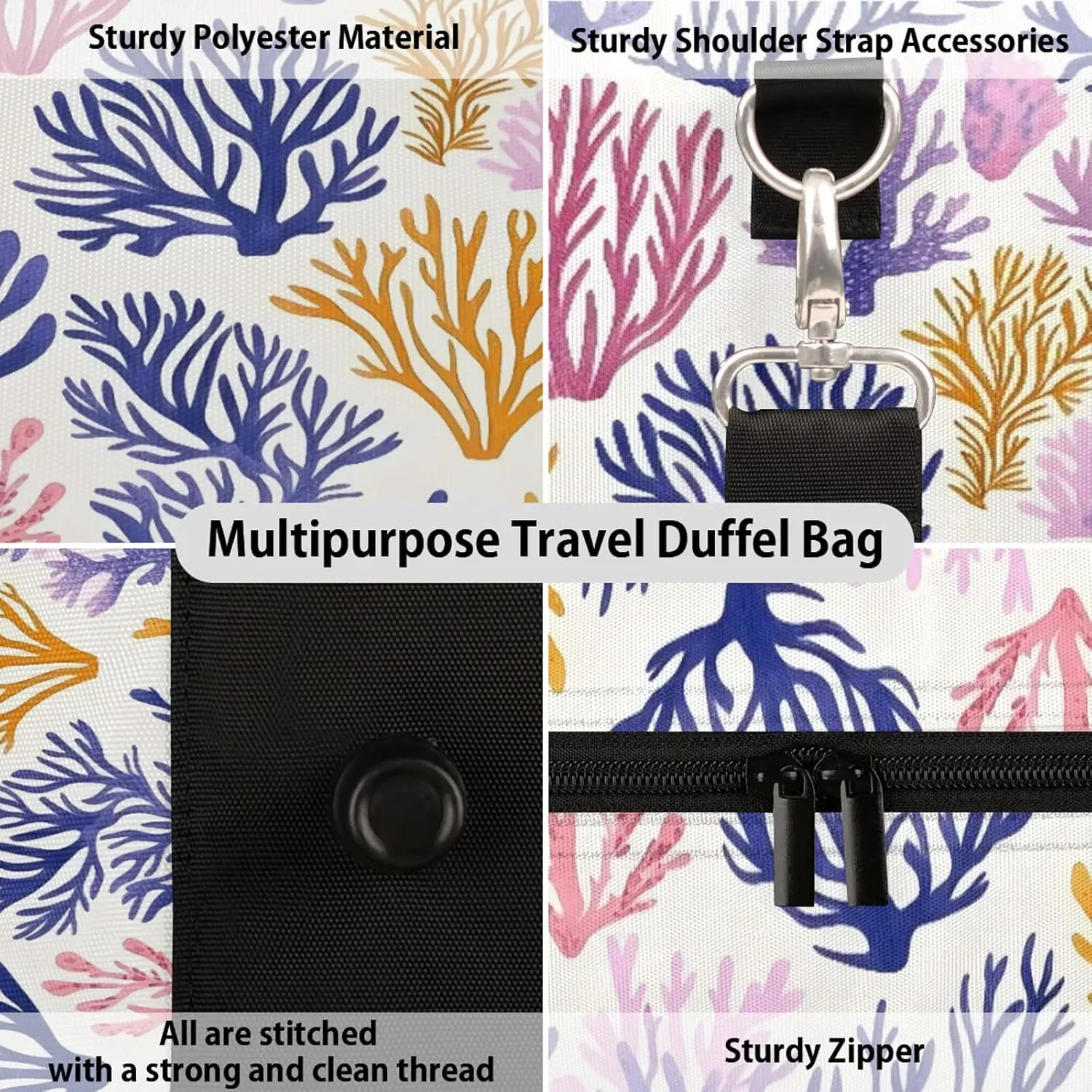 Coral Beach Duffle Bag for Travel, Overnight Weekend Gym Carry On Luggage Bag, Ocean Coastal Travel Duffel Bag for Men Women