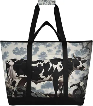 Cow Reusable Insulated Lunchbox Cooler Bag, Leakproof Kitchen Grocery Bag Collapsible Portable Cooler Tote Bag for Picnic, Camping, Office, Travel