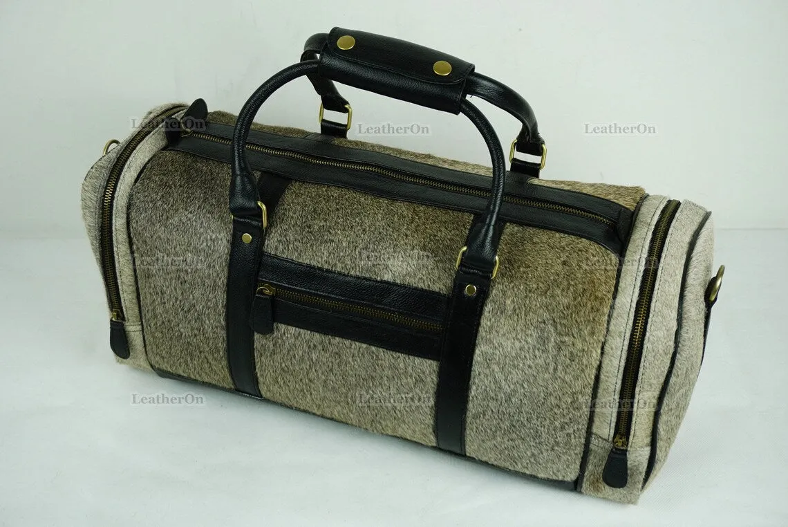 Cowhide Duffel Bag | Natural Cow Skin Duffel Bag | Hair-On-Leather Travel Bag | Cowhide Luggage Bag | Handmade Duffel Bag | DB111