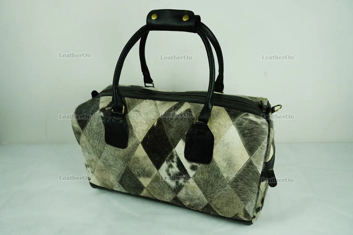 Cowhide Patchwork Duffel Bag | Natural Cowhide Duffel Bag | Hair-On-Leather Travel Bag | Cowhide Luggage Bag | Handmade Duffel Bag | DB91