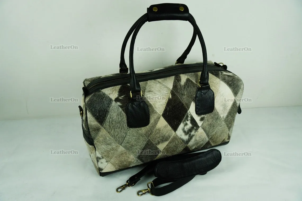 Cowhide Patchwork Duffel Bag | Natural Cowhide Duffel Bag | Hair-On-Leather Travel Bag | Cowhide Luggage Bag | Handmade Duffel Bag | DB91