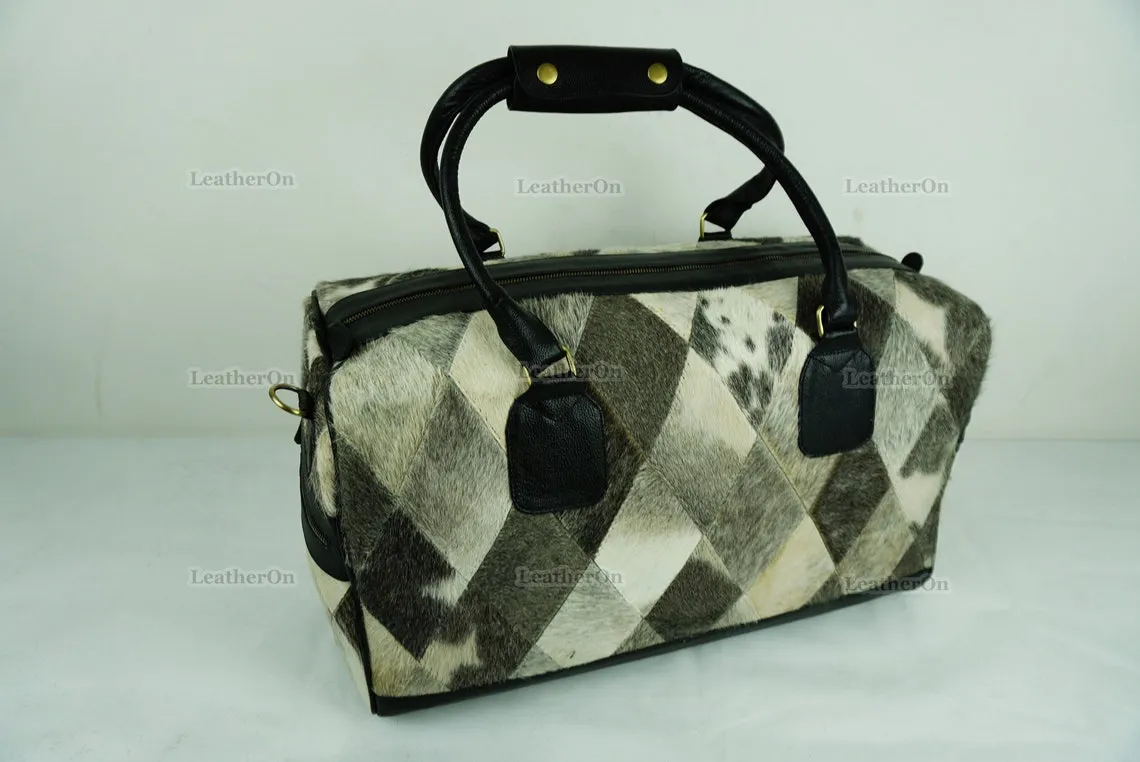 Cowhide Patchwork Duffel Bag | Natural Cowhide Duffel Bag | Hair-On-Leather Travel Bag | Cowhide Luggage Bag | Handmade Duffel Bag | DB91
