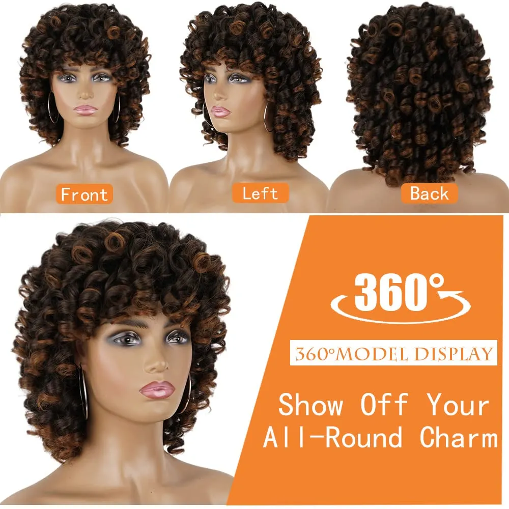 Curly Wigs for Black Women Short Curly Wigs for Women Curly Synthetic Hair Heat Resistant Hair Replacement with Wig Caps (Black Mixed Brown)