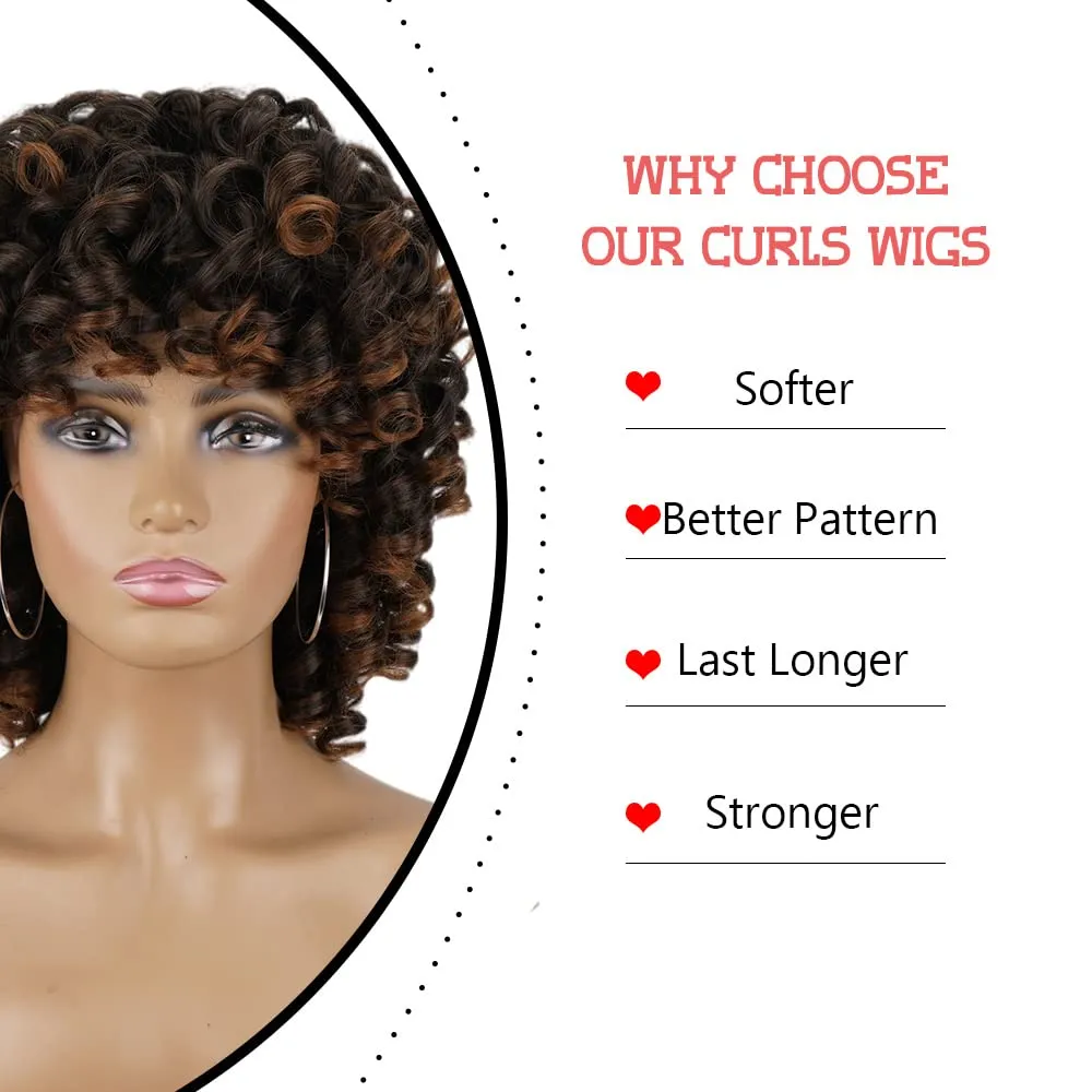 Curly Wigs for Black Women Short Curly Wigs for Women Curly Synthetic Hair Heat Resistant Hair Replacement with Wig Caps (Black Mixed Brown)