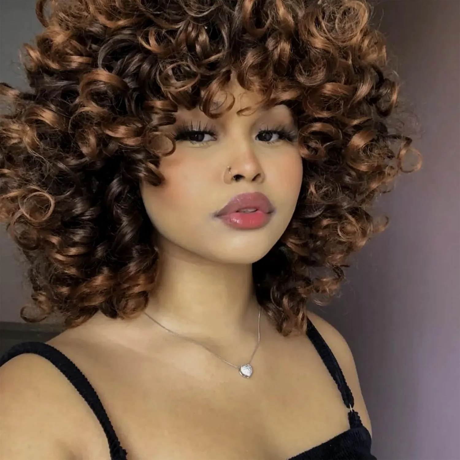 Curly Wigs for Black Women Short Curly Wigs for Women Curly Synthetic Hair Heat Resistant Hair Replacement with Wig Caps (Black Mixed Brown)