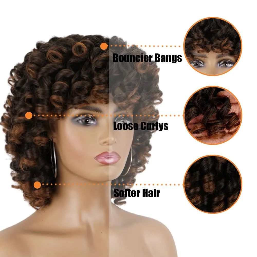Curly Wigs for Black Women Short Curly Wigs for Women Curly Synthetic Hair Heat Resistant Hair Replacement with Wig Caps (Black Mixed Brown)