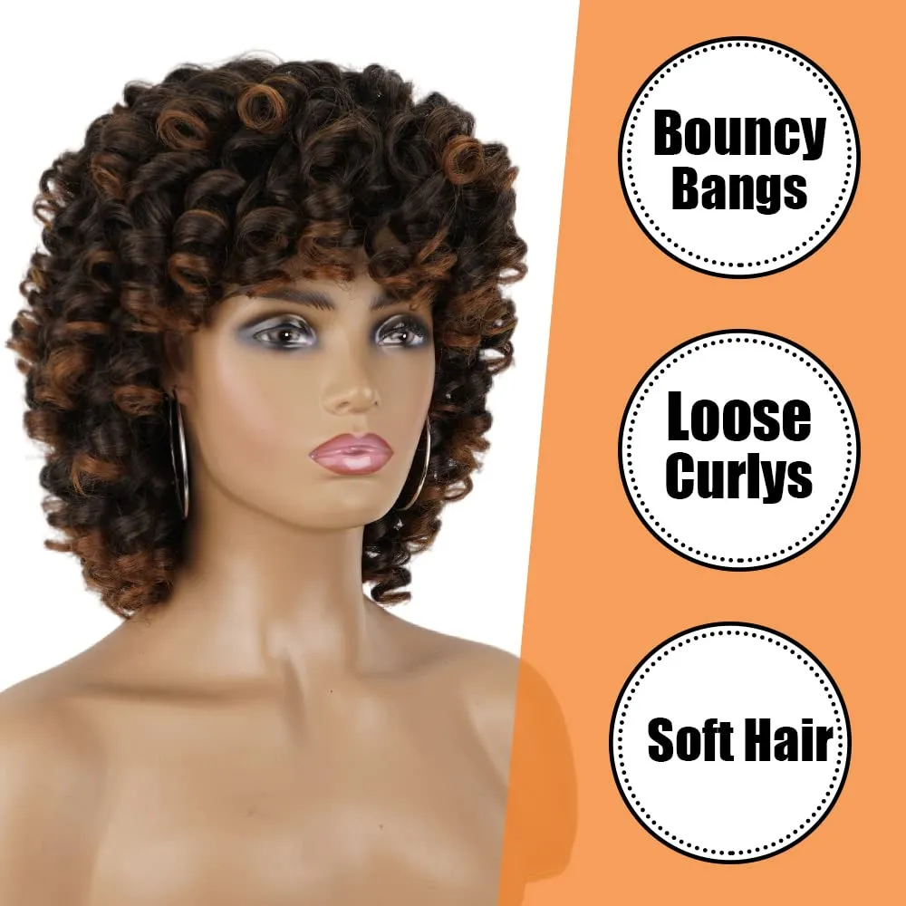 Curly Wigs for Black Women Short Curly Wigs for Women Curly Synthetic Hair Heat Resistant Hair Replacement with Wig Caps (Black Mixed Brown)