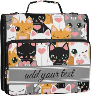 Custom 3 Ring Zipper Binder 1.5 Inch with Shoulder Strap & Handle, Multi-Pockets Binder Organizer Bag for School and Office (Lovely Cat Assembly)