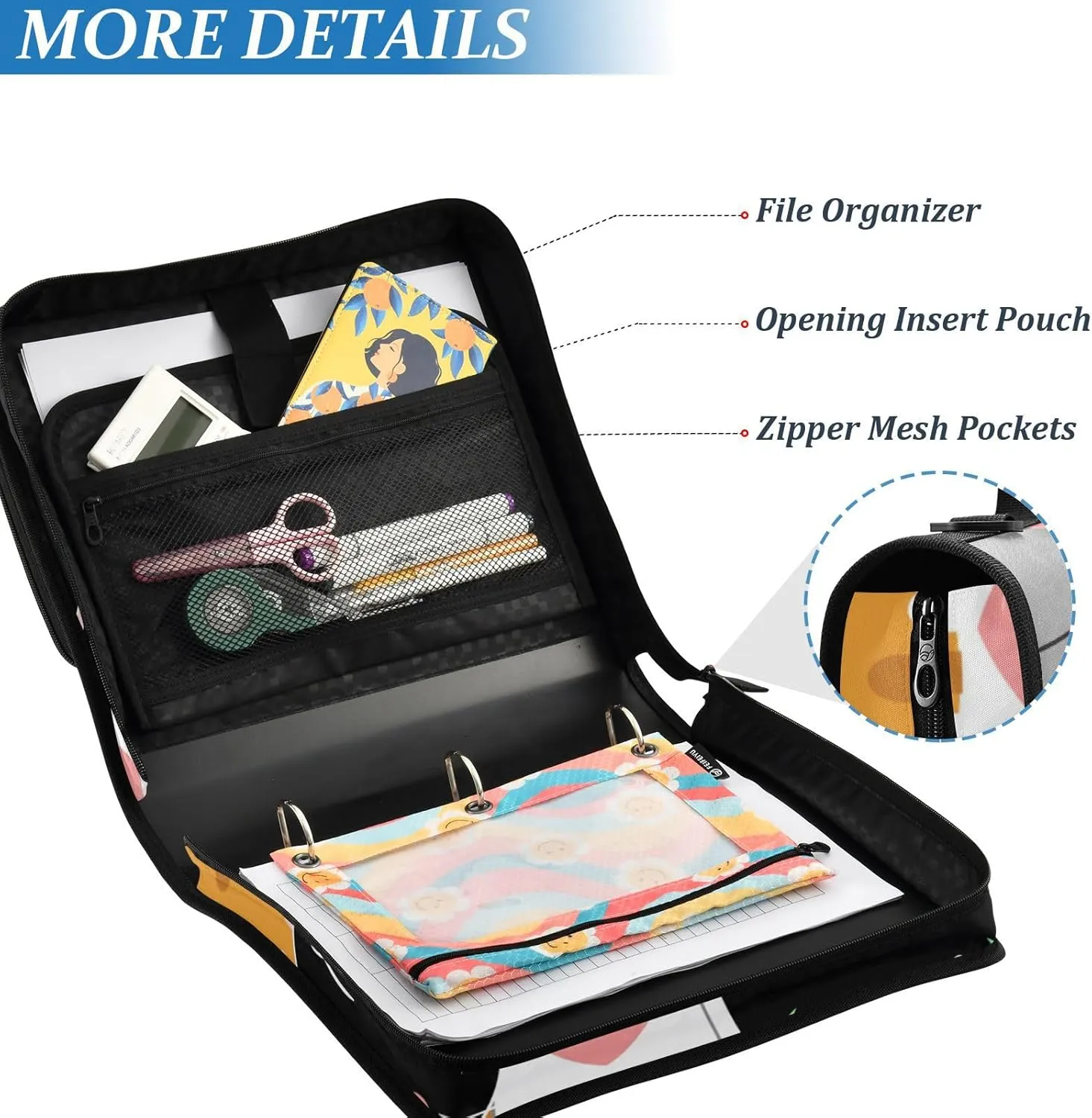 Custom 3 Ring Zipper Binder 1.5 Inch with Shoulder Strap & Handle, Multi-Pockets Binder Organizer Bag for School and Office (Lovely Cat Assembly)