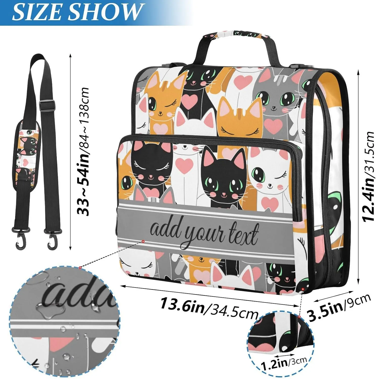 Custom 3 Ring Zipper Binder 1.5 Inch with Shoulder Strap & Handle, Multi-Pockets Binder Organizer Bag for School and Office (Lovely Cat Assembly)