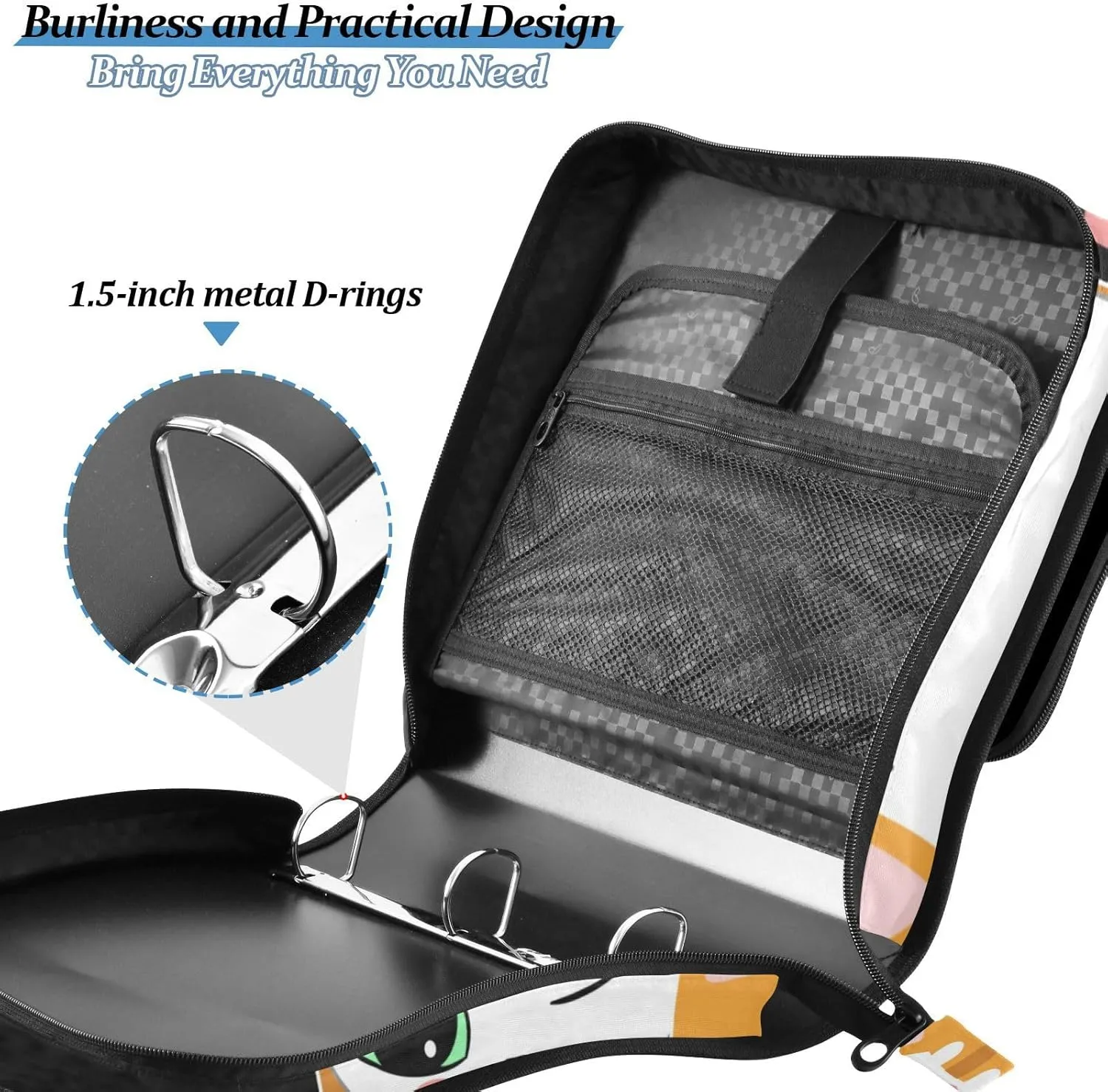 Custom 3 Ring Zipper Binder 1.5 Inch with Shoulder Strap & Handle, Multi-Pockets Binder Organizer Bag for School and Office (Lovely Cat Assembly)
