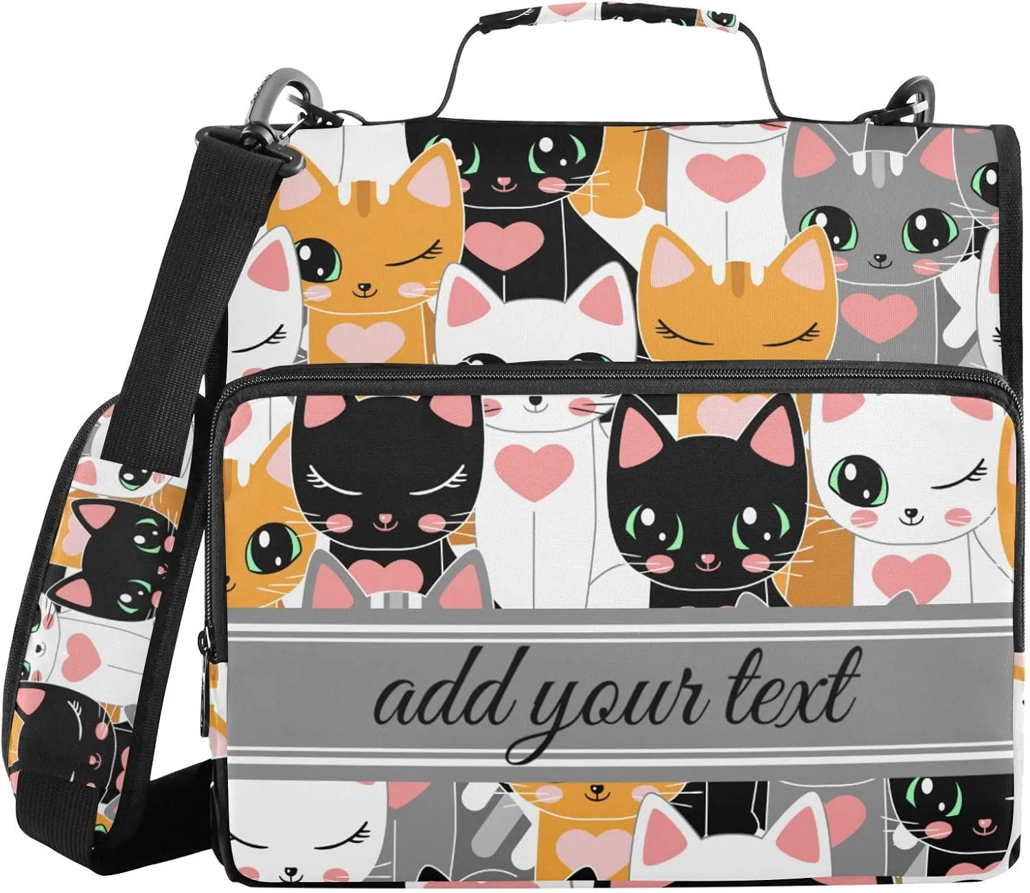 Custom 3 Ring Zipper Binder 1.5 Inch with Shoulder Strap & Handle, Multi-Pockets Binder Organizer Bag for School and Office (Lovely Cat Assembly)