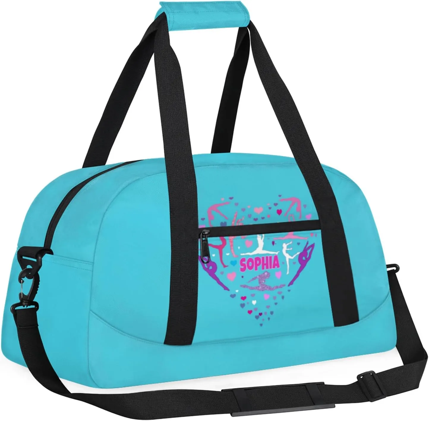 Custom Aqua Blue Dance Ballet Bag, Personalized Gym Silhouette Love Heart Duffle Bag with Name Overnight Sleepover Ballet Gym Bag for Travel