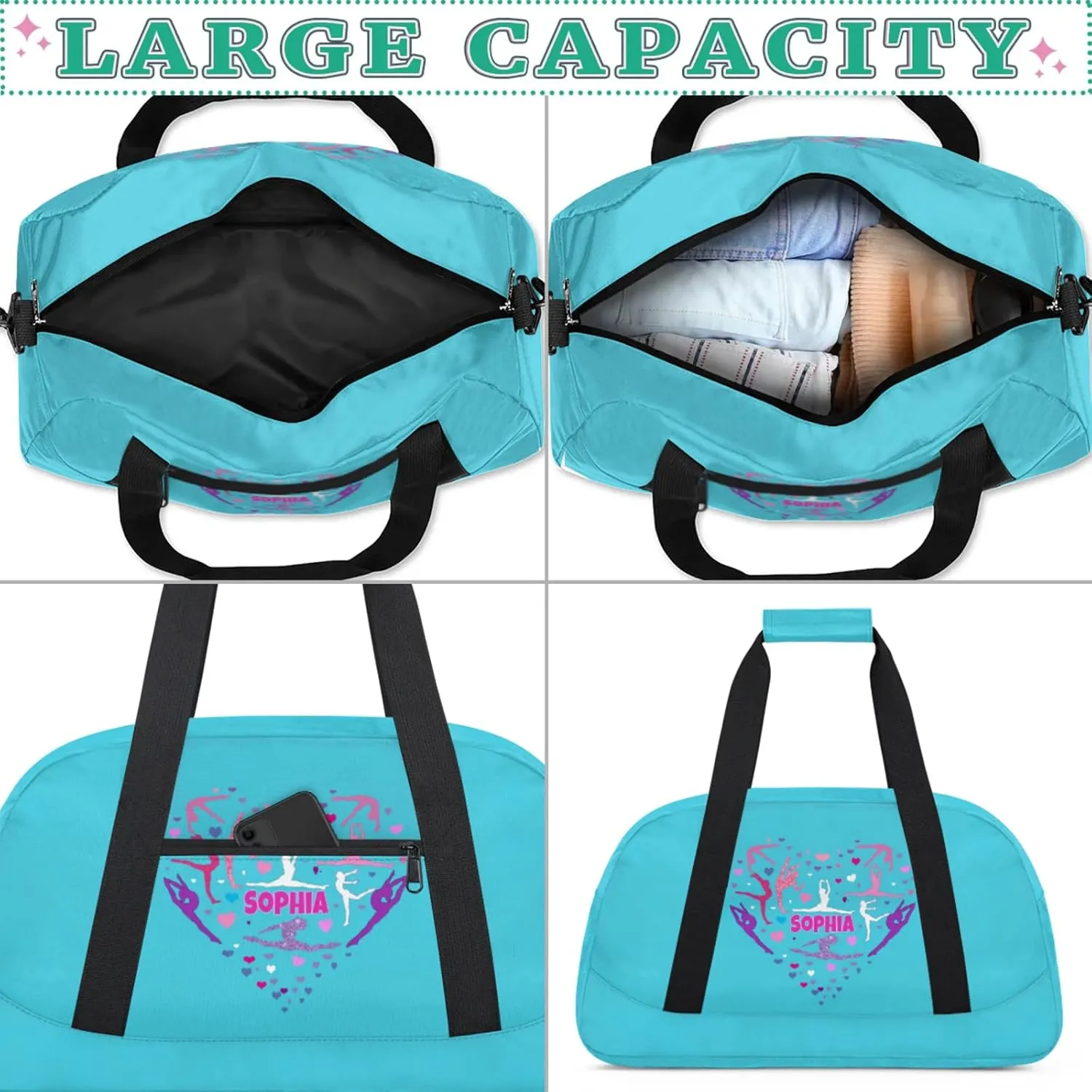 Custom Aqua Blue Dance Ballet Bag, Personalized Gym Silhouette Love Heart Duffle Bag with Name Overnight Sleepover Ballet Gym Bag for Travel