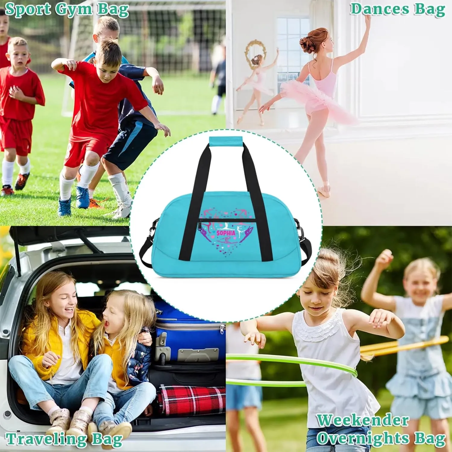 Custom Aqua Blue Dance Ballet Bag, Personalized Gym Silhouette Love Heart Duffle Bag with Name Overnight Sleepover Ballet Gym Bag for Travel