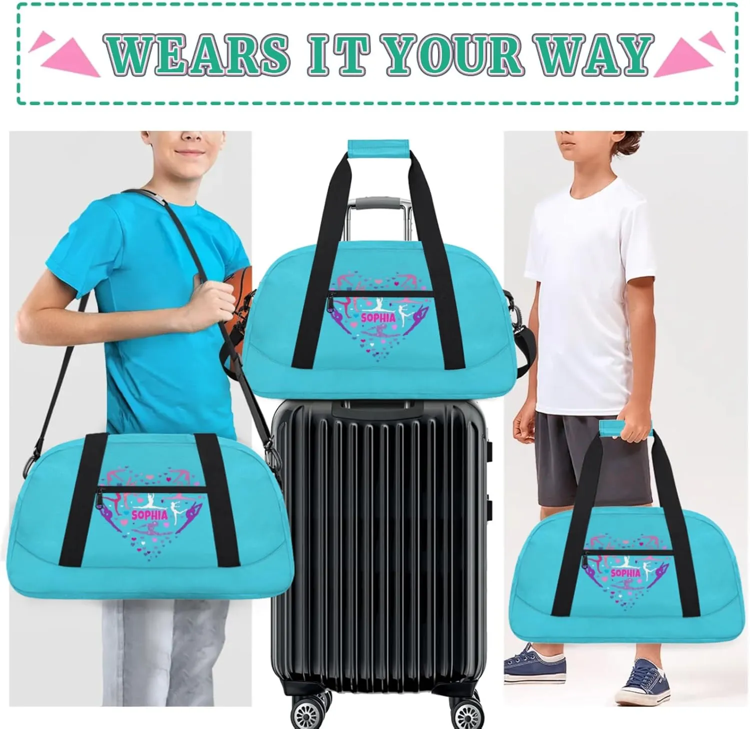 Custom Aqua Blue Dance Ballet Bag, Personalized Gym Silhouette Love Heart Duffle Bag with Name Overnight Sleepover Ballet Gym Bag for Travel