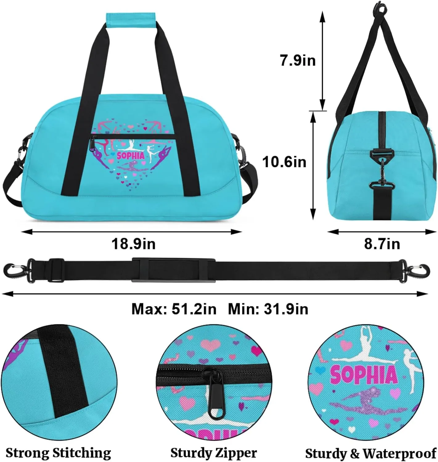 Custom Aqua Blue Dance Ballet Bag, Personalized Gym Silhouette Love Heart Duffle Bag with Name Overnight Sleepover Ballet Gym Bag for Travel