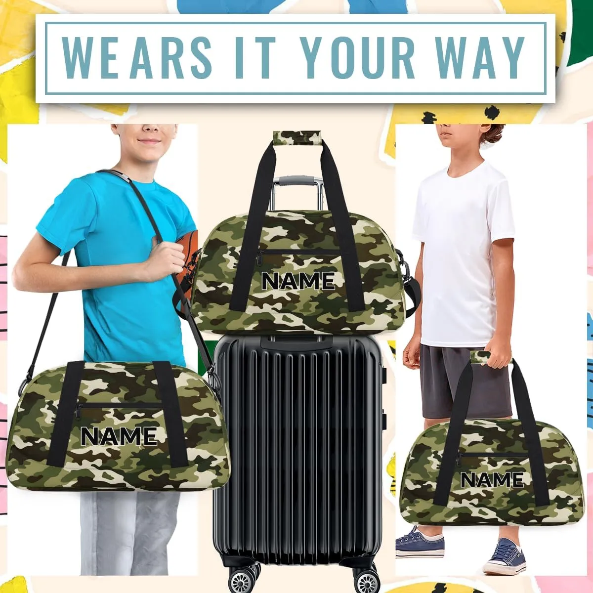 Custom Camo Small Gym Bag 18 inch for Women Men Personalized Camo Carry On Overnight Weekender Bag for Travel Work Dance Sport