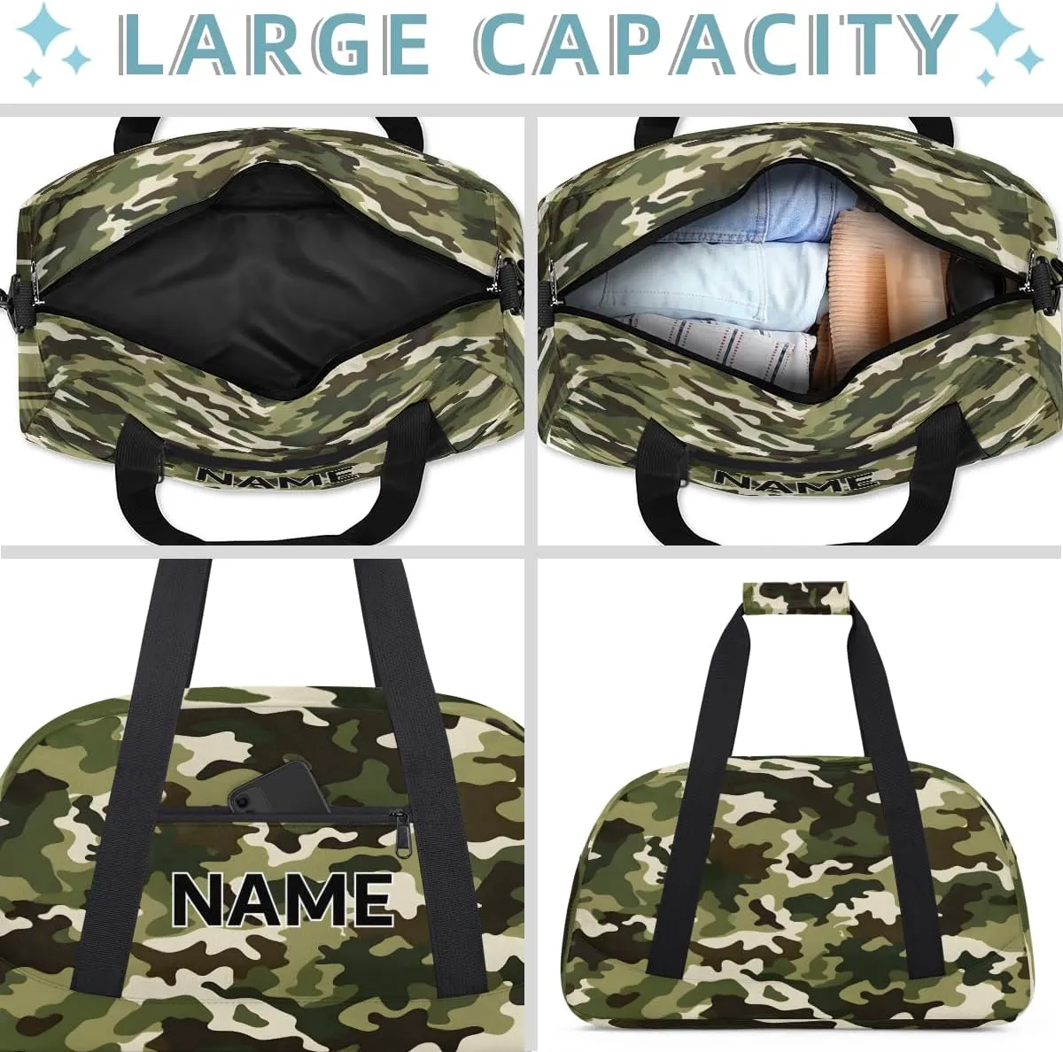 Custom Camo Small Gym Bag 18 inch for Women Men Personalized Camo Carry On Overnight Weekender Bag for Travel Work Dance Sport