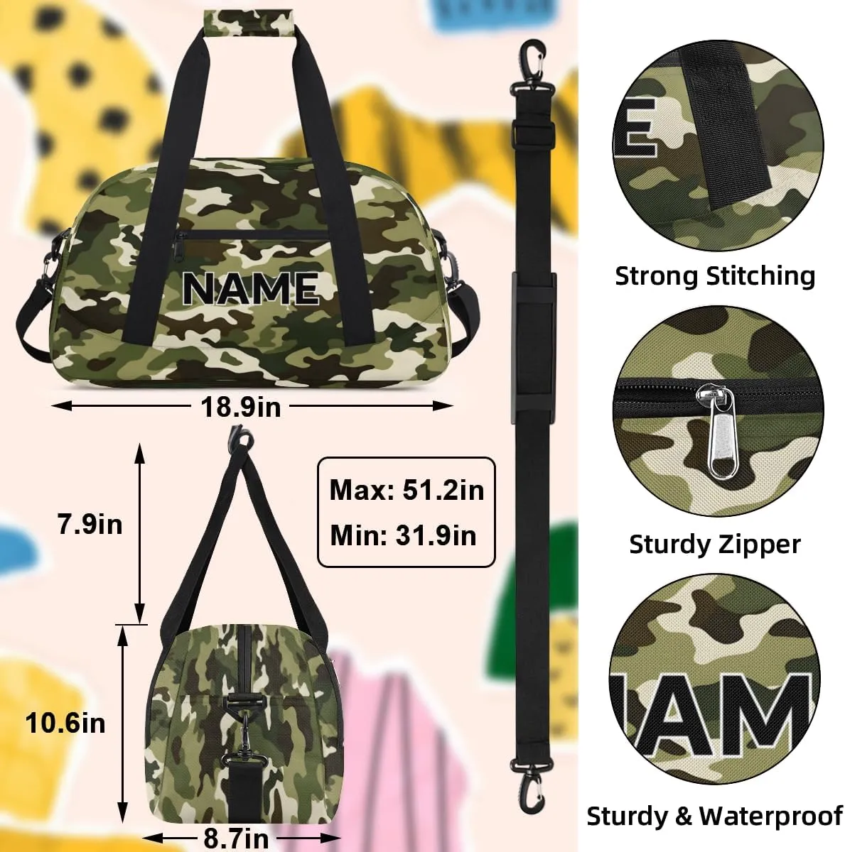 Custom Camo Small Gym Bag 18 inch for Women Men Personalized Camo Carry On Overnight Weekender Bag for Travel Work Dance Sport