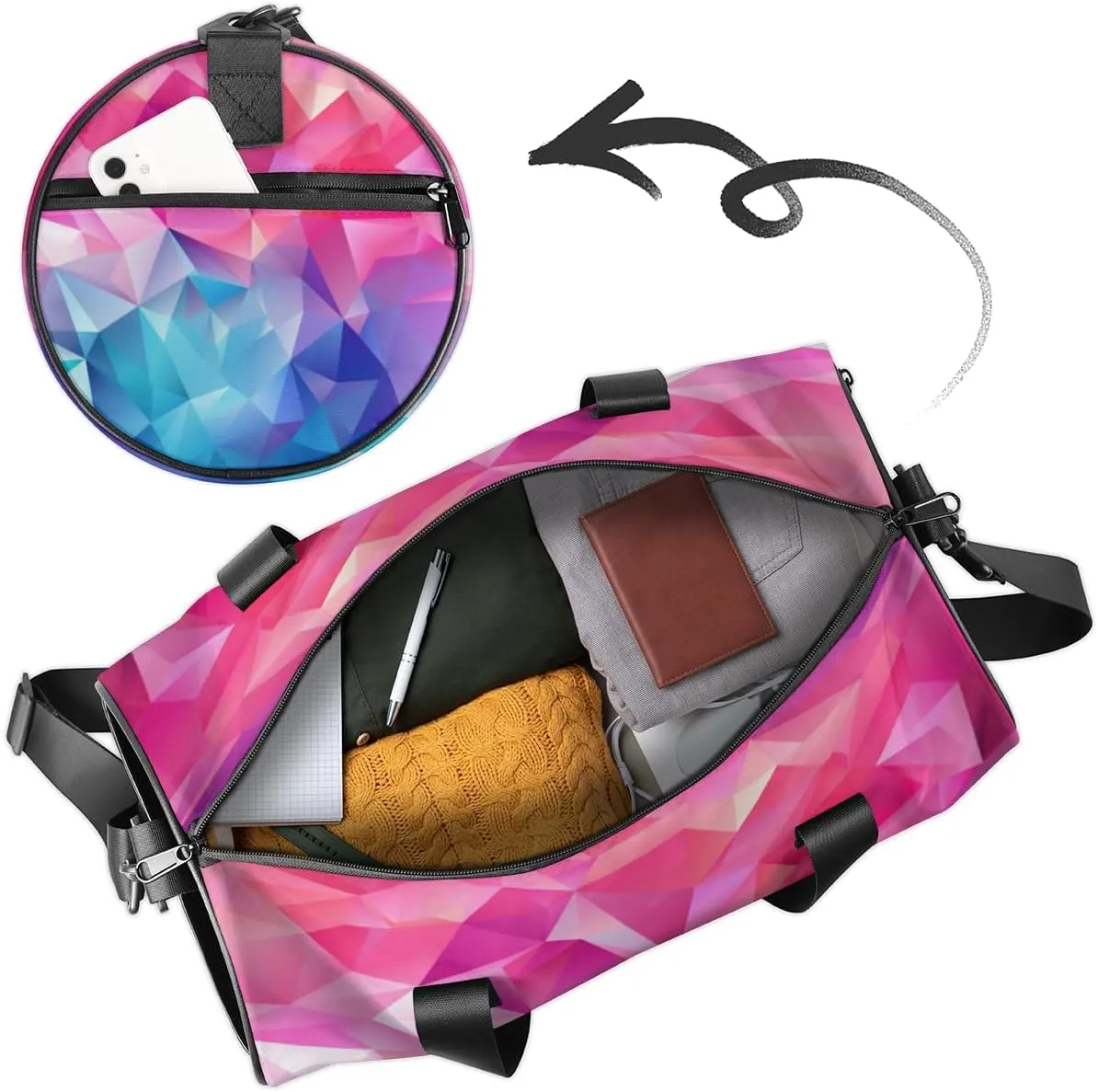 Custom Gym Bag for Women Men with Name, Personalized Modern Print Duffel Bag for Sports, Waterproof Dance Bag, Lightweight Carryon Gym Bag, Colorful Triangles